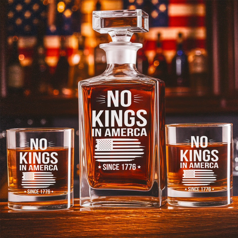 Liberal Independence Day Whiskey Decanter Set Gift – No Kings in America Glass – Anti-MAGA Political Decanter THUC99DI01