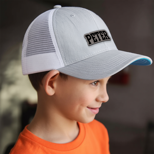 Personalized Leather Patch Trucker Hat for Kids, Kids Custom Hats, Custom Infant Toddler Kids Youth Trucker Hat TNNK05
