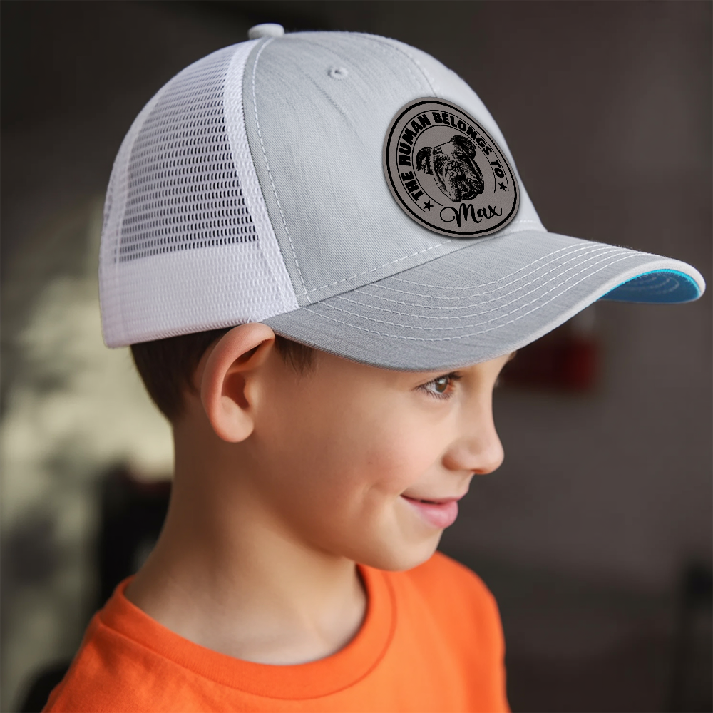 Custom Dog Photo Engraved Kids Hat Leather Patch, Kids Custom Hats, Custom Infant Toddler Kids Youth Trucker Hat TNNK01