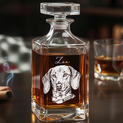 Personalized Dog Whiskey Decanter Set – Custom Photo & Name Glass – 11oz Gift for Pet Lovers