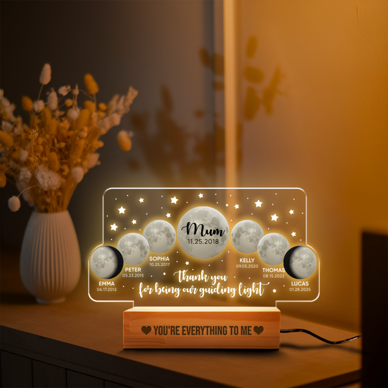Aeluxlas Personalized Moons Phase with Kids Names, Custom Moons Phase Night Light, Mother’s Day Gifts, Gifts for Mama, Custom Night light Moon Phase