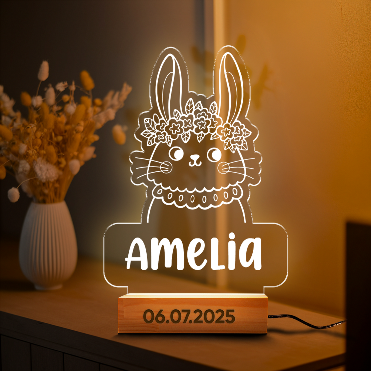 Aeluxlas Personalized Bunny Night Light for Kids, Bunny LED Nursery Lamp with Flowers, Personalized Acrylic Light, Animal Decor, Baby Shower Gift for Girls