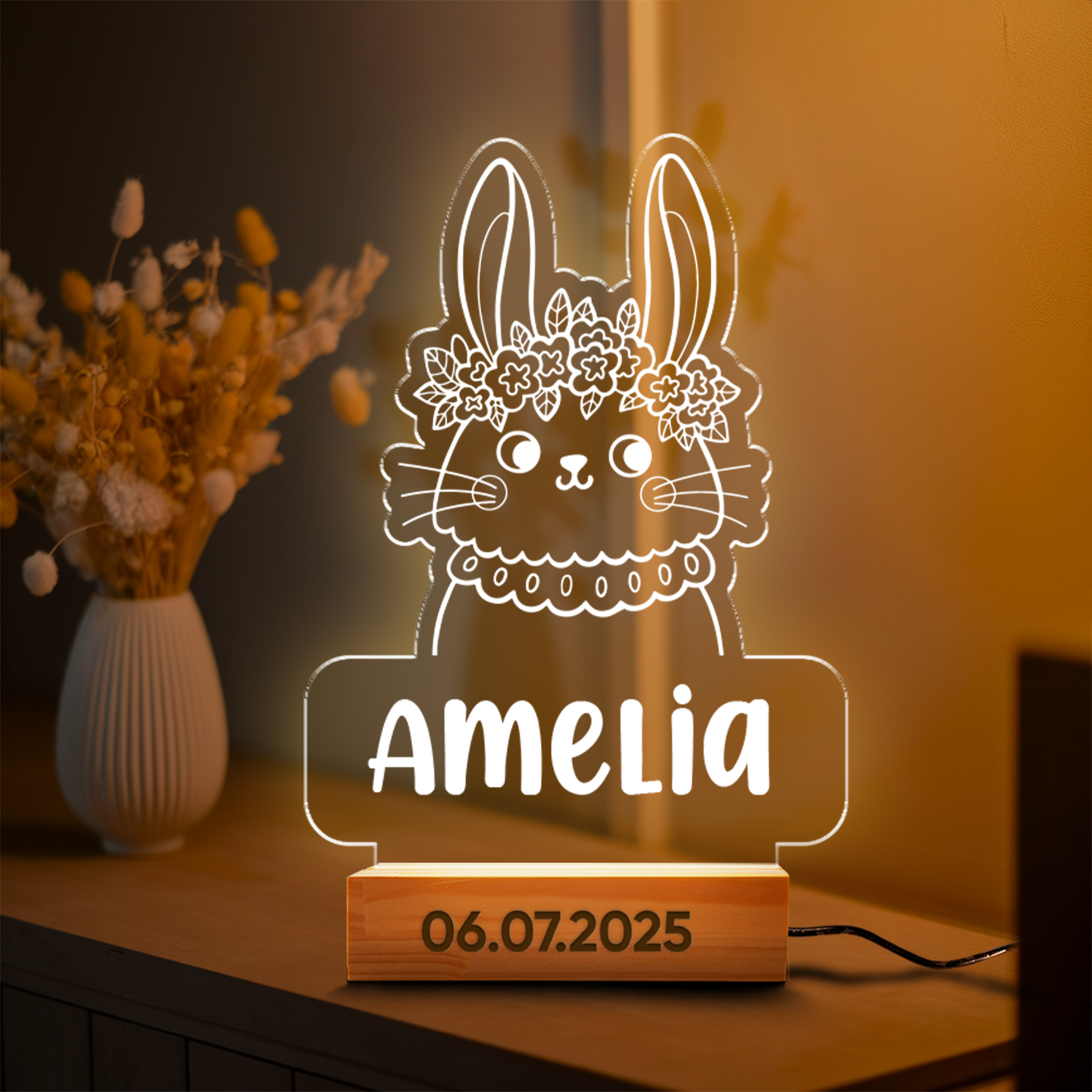 Aeluxlas Personalized Bunny Night Light for Kids, Bunny LED Nursery Lamp with Flowers, Personalized Acrylic Light, Animal Decor, Baby Shower Gift for Girls