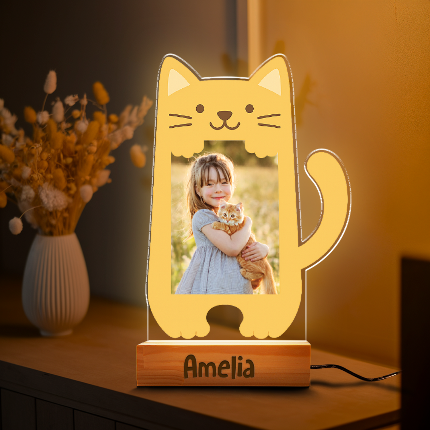 Aeluxlas Personalized Cat Photo Baby Night Light, Personalized Cat, Cute Kitty Photo Frame Kids Room Decor, Gift For Cat Lovers