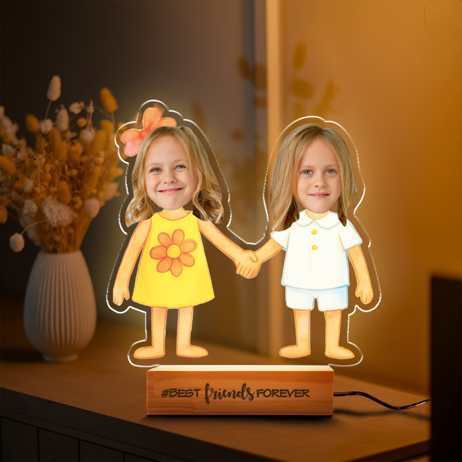 Aeluxlas Personalized Kid Photos Best Friends Forever LED Night Light with Wooden Base Home Decor Friendship Birthday Gift for Boys Girls