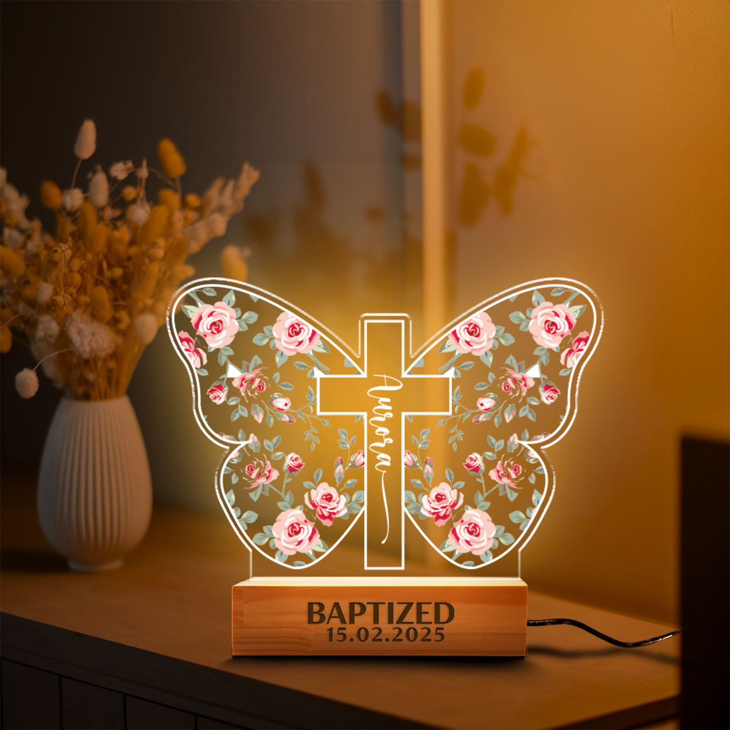 Aeluxlas Personalized Baptism Butterfly Cross Night Light , Baptism Gift For Kids, Custom Cross Night Light Gift For Goddaughter, Godson, Christian Nursery Decor Gift