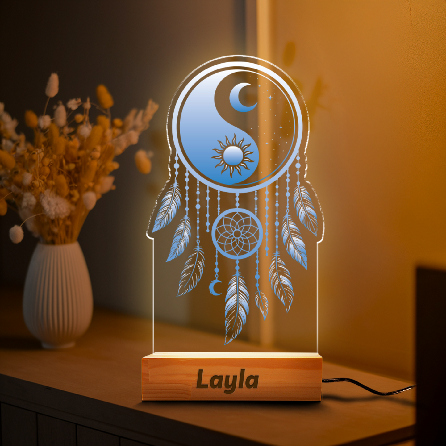 Aeluxlas Dreamcatcher Night Light Custom Made For Bedroom, Chakra Room Decor With Dream Catcher, Personalized Bedside Led Lamp, Best Wishes Gift