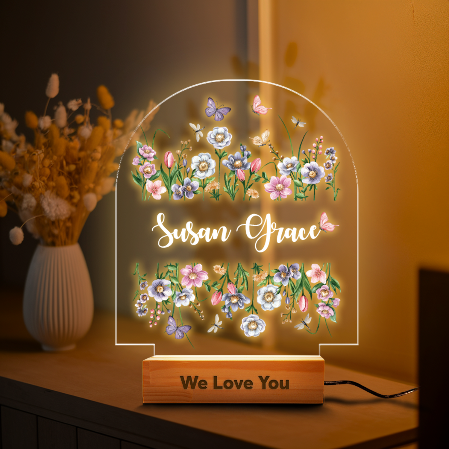 Aeluxlas Personalized Butterfly and Flower Baby Night Light – Custom Name Bedside Lamp for Girls, Floral Garden Nursery Décor, Birthday Gift for Her