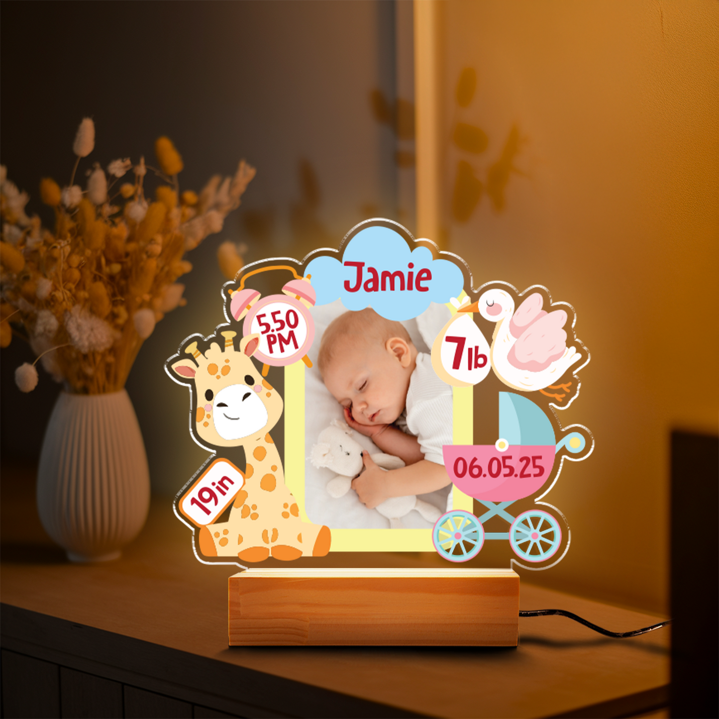 Aeluxlas Customized Photo Baby Frame Night Light, Custom Night Light with Base, Gift For Kids, Nursery Decor