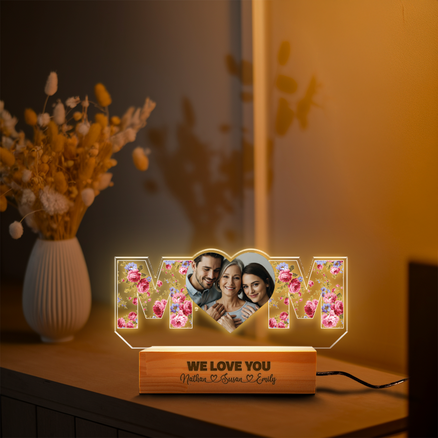 Aeluxlas Custom Mom Night Light with Kids Name, Personalized Photo Night Light, Personalized Gifts for Mom, Mothers Day Gifts, Name Floral Light