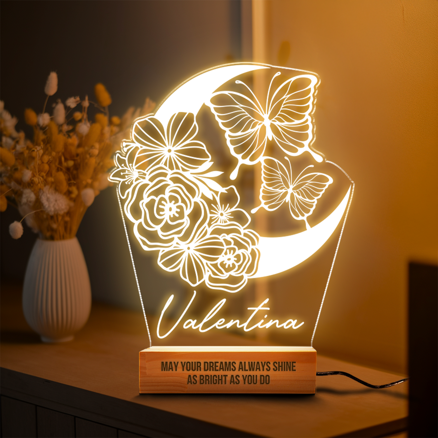 Aeluxlas Personalized Butterflies And Moon Flower Led Night Light, Kid Room Decor, Gift For Kid
