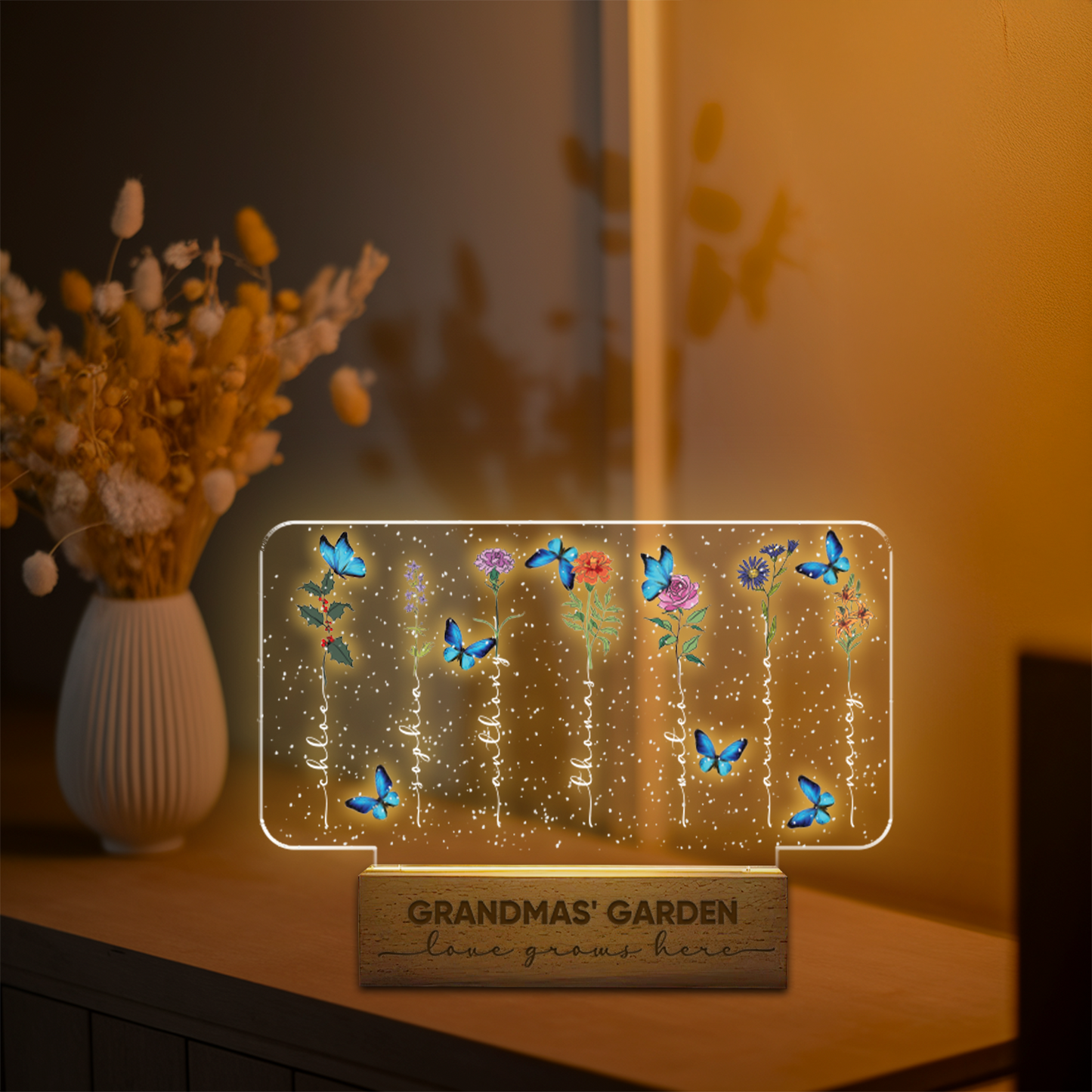 Aeluxlas Grandma‘s Garden Birth Month Flowers Personalized Acrylic LED Night Light, Mothers Day Gift For Grandma, Mom, Custom Flowers