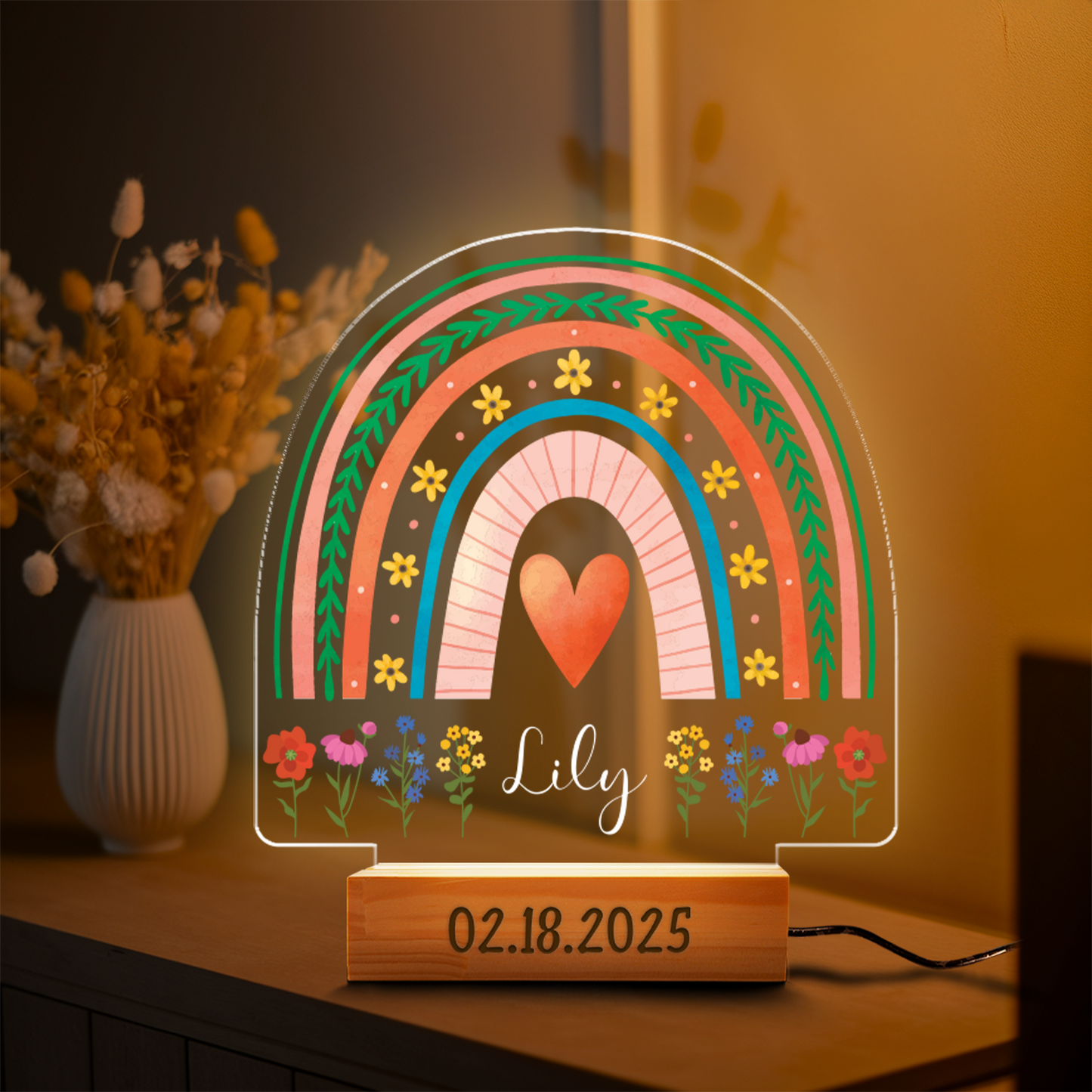Aeluxlas Personalized Rainbow Floral Night Light for Kids,Baby Girl Boy Gift,Acrylic LED Lamp Birthday Gift, Christening Gift,Plaque Nursery Decor