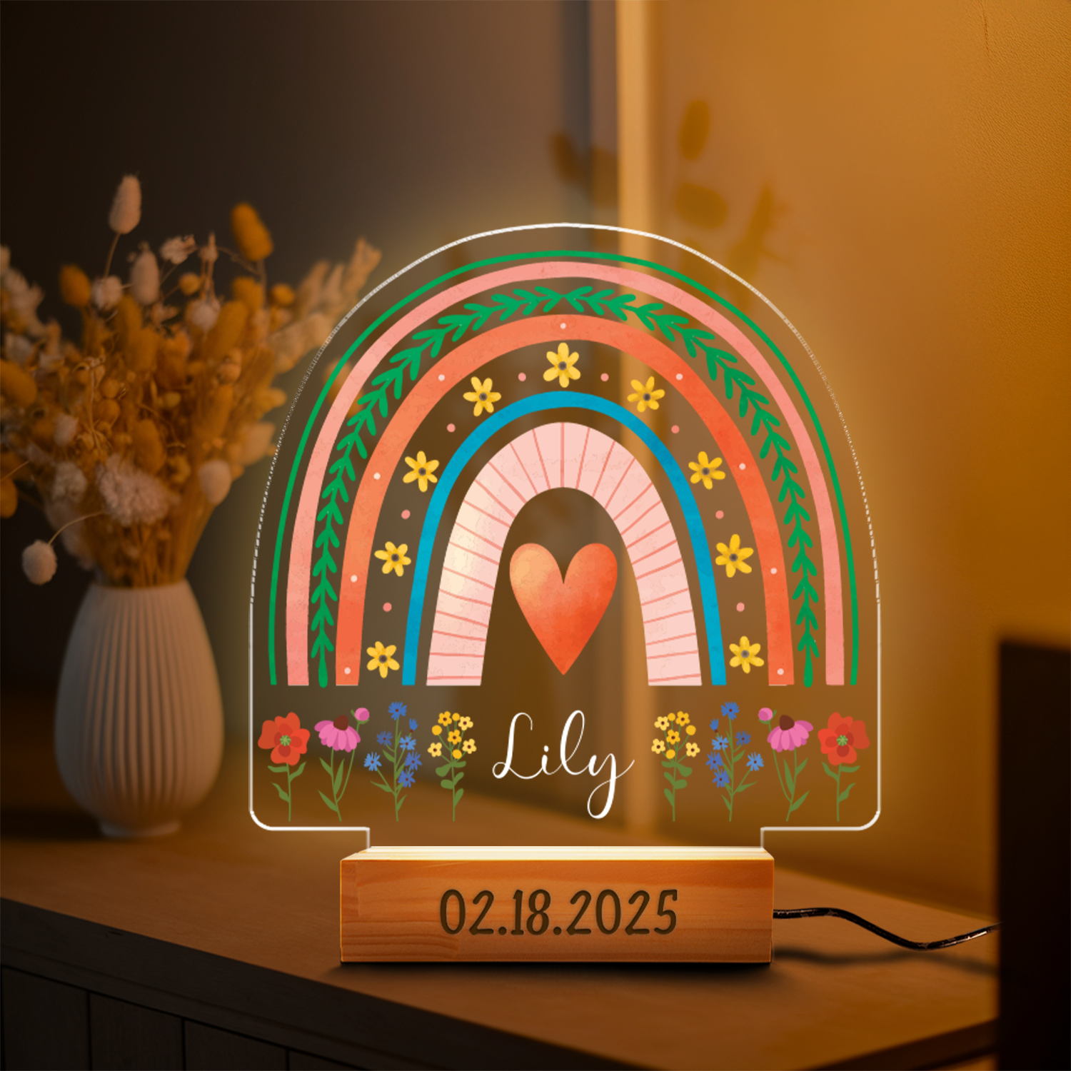Aeluxlas Personalized Rainbow Floral Night Light for Kids,Baby Girl Boy Gift,Acrylic LED Lamp Birthday Gift, Christening Gift,Plaque Nursery Decor