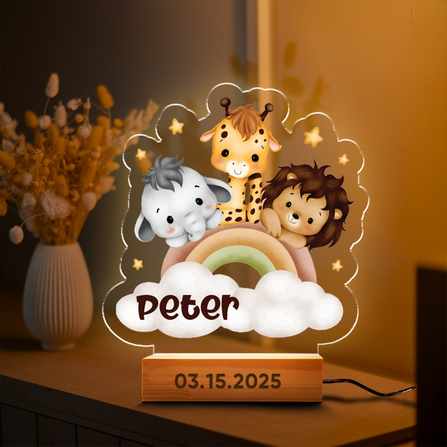 Aeluxlas Personalized Cute Animal Rainbow Night Light, Personalized Name Night Light, Baby Name Gift, Nursery Decor