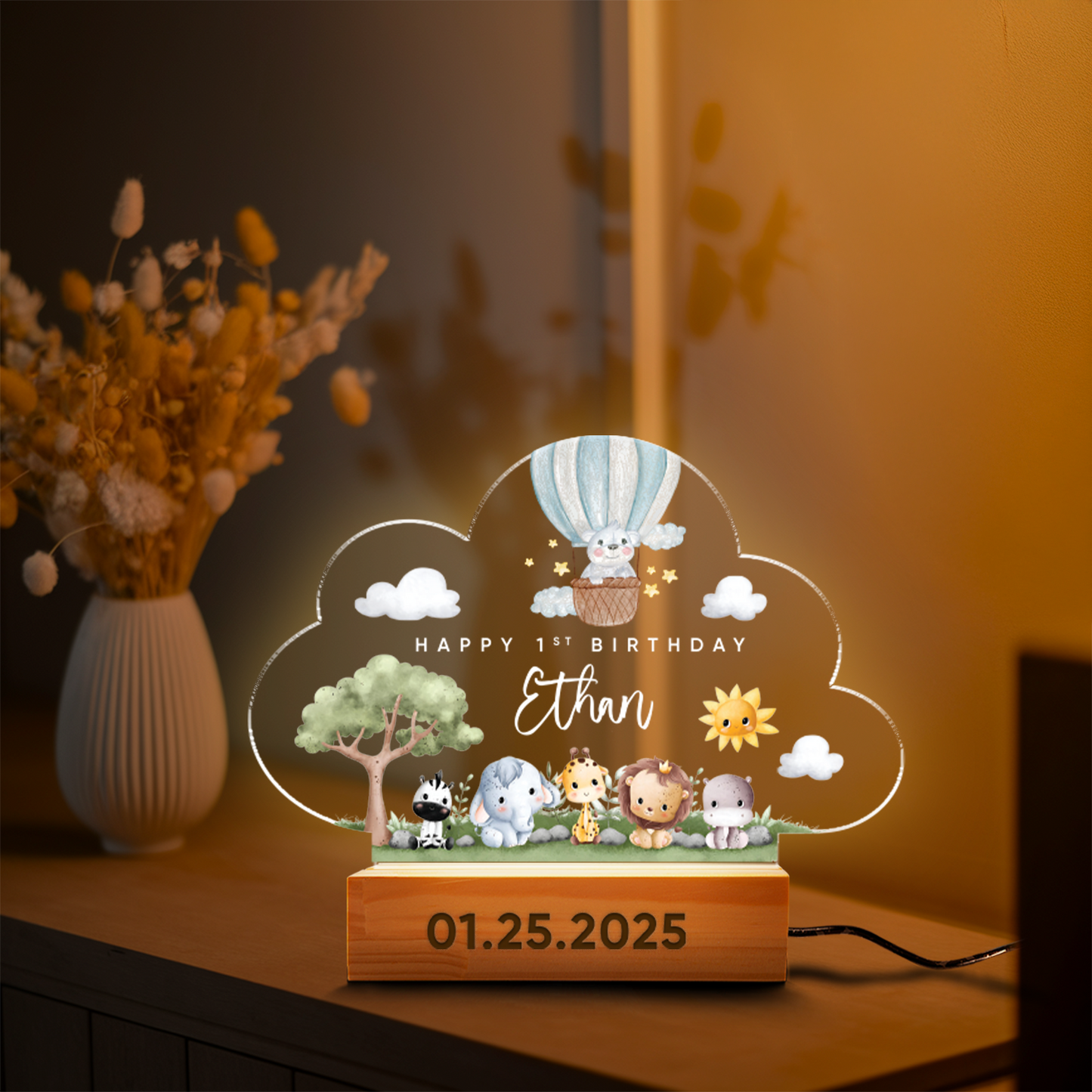 Aeluxlas Happy Birthday Animals Cloud, Birthday Gift For Kids, Baby Name Gift, Nursery Decor