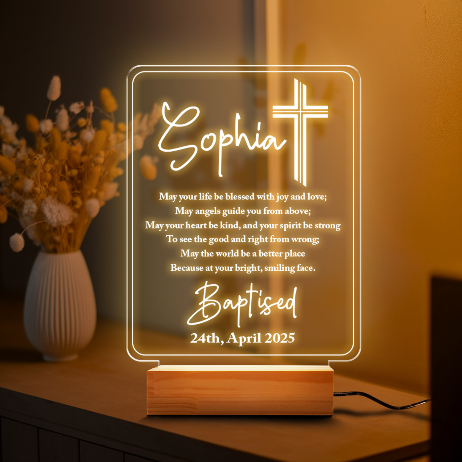 Aeluxlas Personalized Baptism Gift For Baby - Custom Christening Night Light for goddaughter _ Godson - Nursery Décor - Bible Verse Life Be Blessed