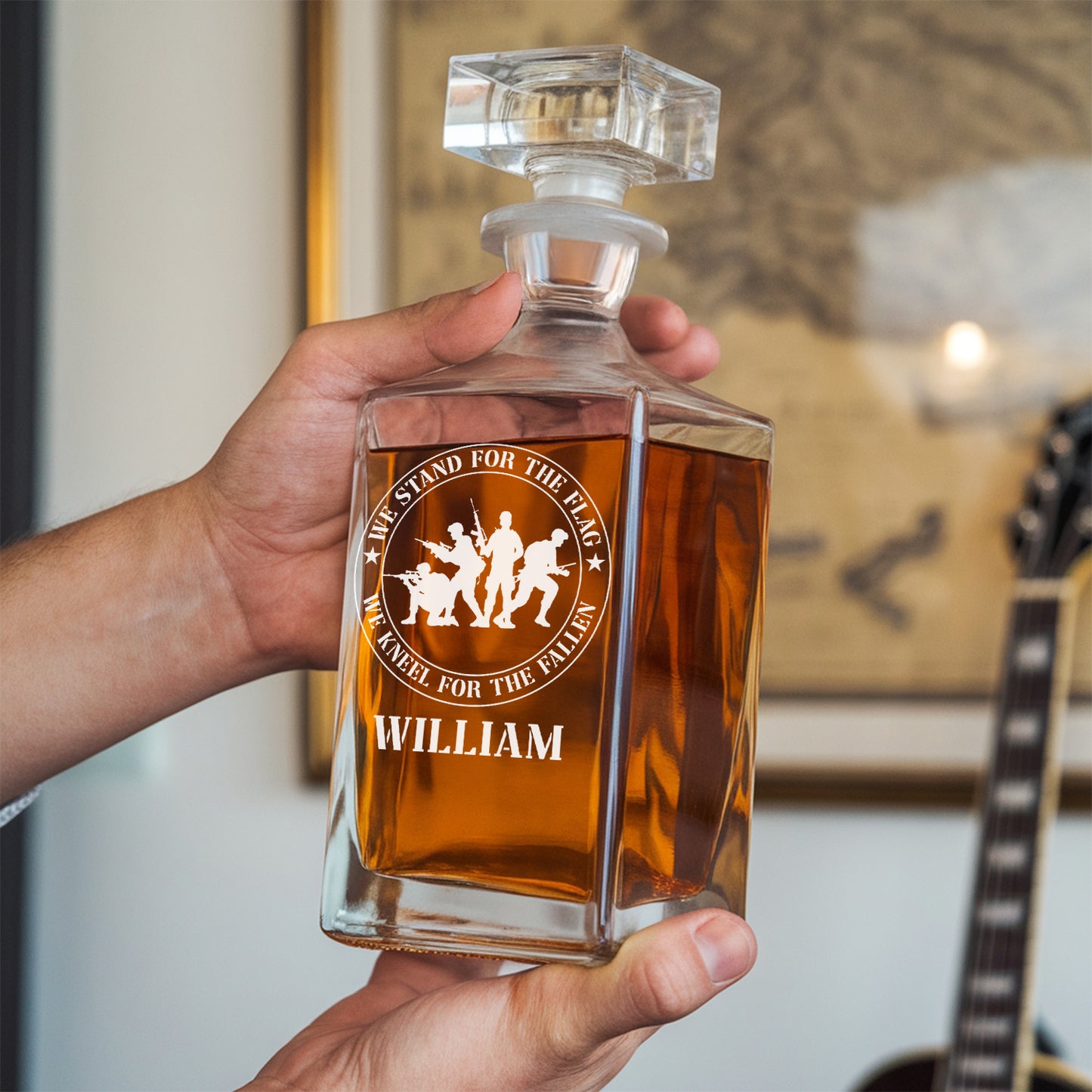 Custom Name We Stand For The Flag We Kneel For The Fallen Whiskey Glass and Decanter Set| Personalized Gifts for Veteran | Patriotic Gift