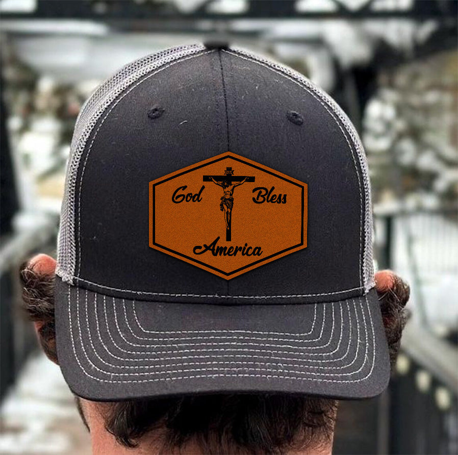 God Bless America Leather Patch Hat – Patriotic Trucker Hat – Christian USA Flag Cap – 4th of July Hat for Men – Faith and Freedom Gift NGOC99NT08
