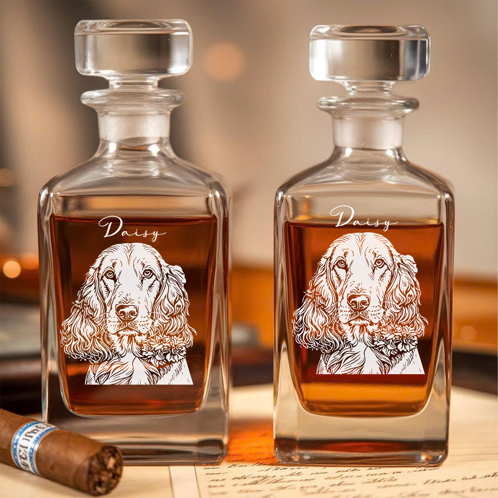 Personalized Dog Whiskey Decanter Set – Custom Pet Photo & Name Engraved Glass 11oz Gift THUC99DP05