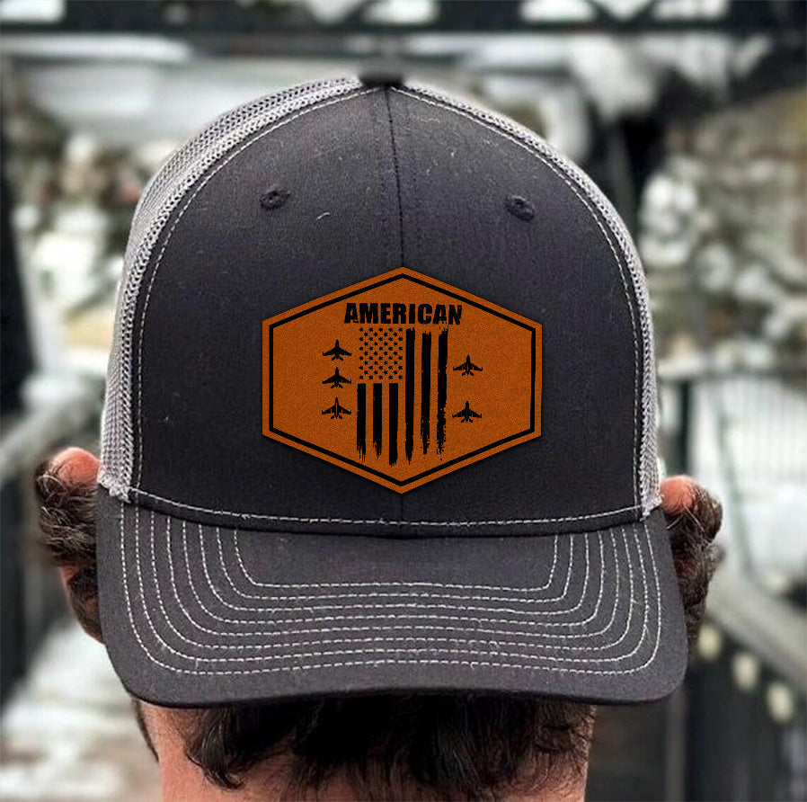 American Jet Flight Leather Patch Hat – Patriotic Military Air Force Trucker Hat – 4th of July USA Pilot Cap – Veteran Gift for Him NGOC99NT15