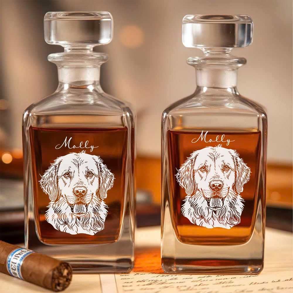 Custom Dog Portrait Whiskey Set – Engraved Decanter & Personalized 11oz Name Glass Gifts THUC99DP01