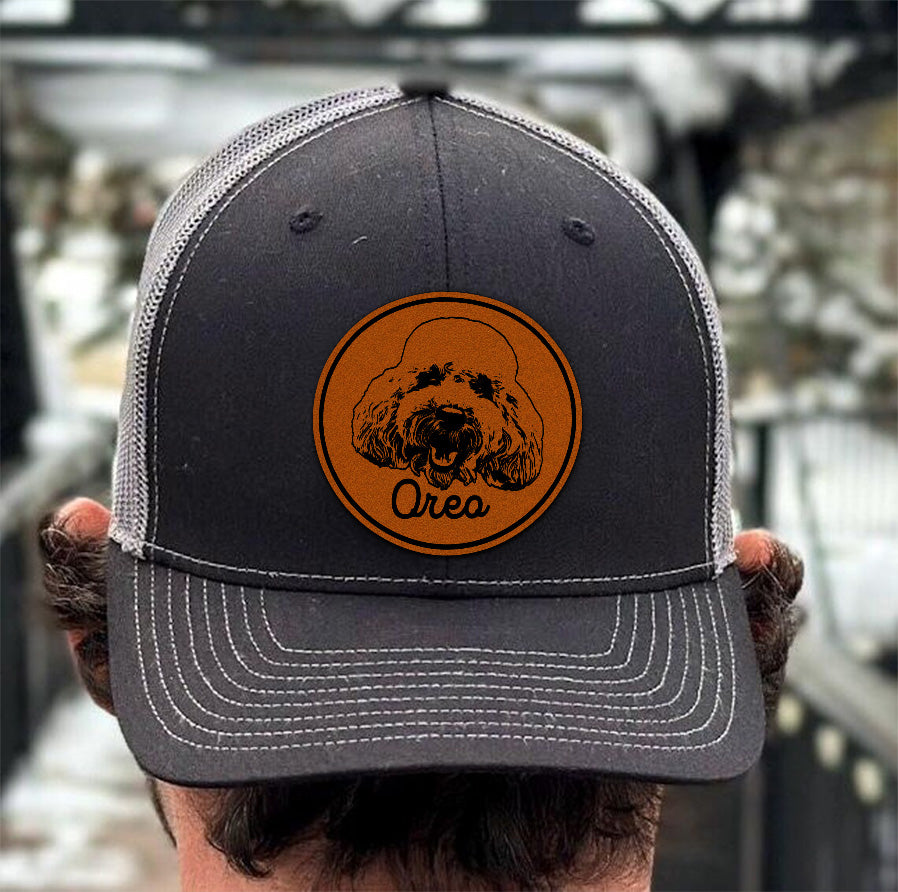 Personalized Leather Patch Trucker Hat – Custom Dog or Human Portrait – Photo Engraved Gift for Pet Lovers THUC99HA15