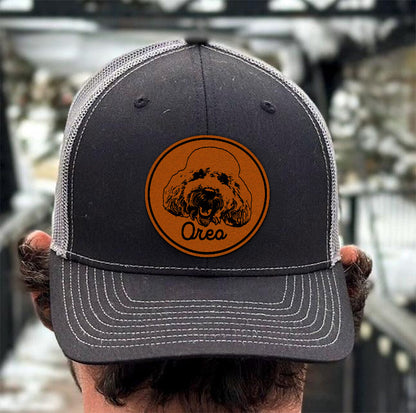 Personalized Leather Patch Trucker Hat – Custom Dog or Human Portrait – Photo Engraved Gift for Pet Lovers THUC99HA15