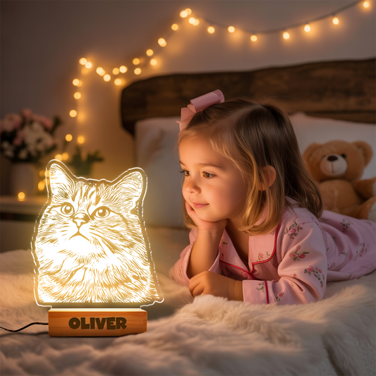 Custom Cat Portrait Night Light, Personalized Pet Lovers Gifts, Personalized Pet Memorial LED Night Light