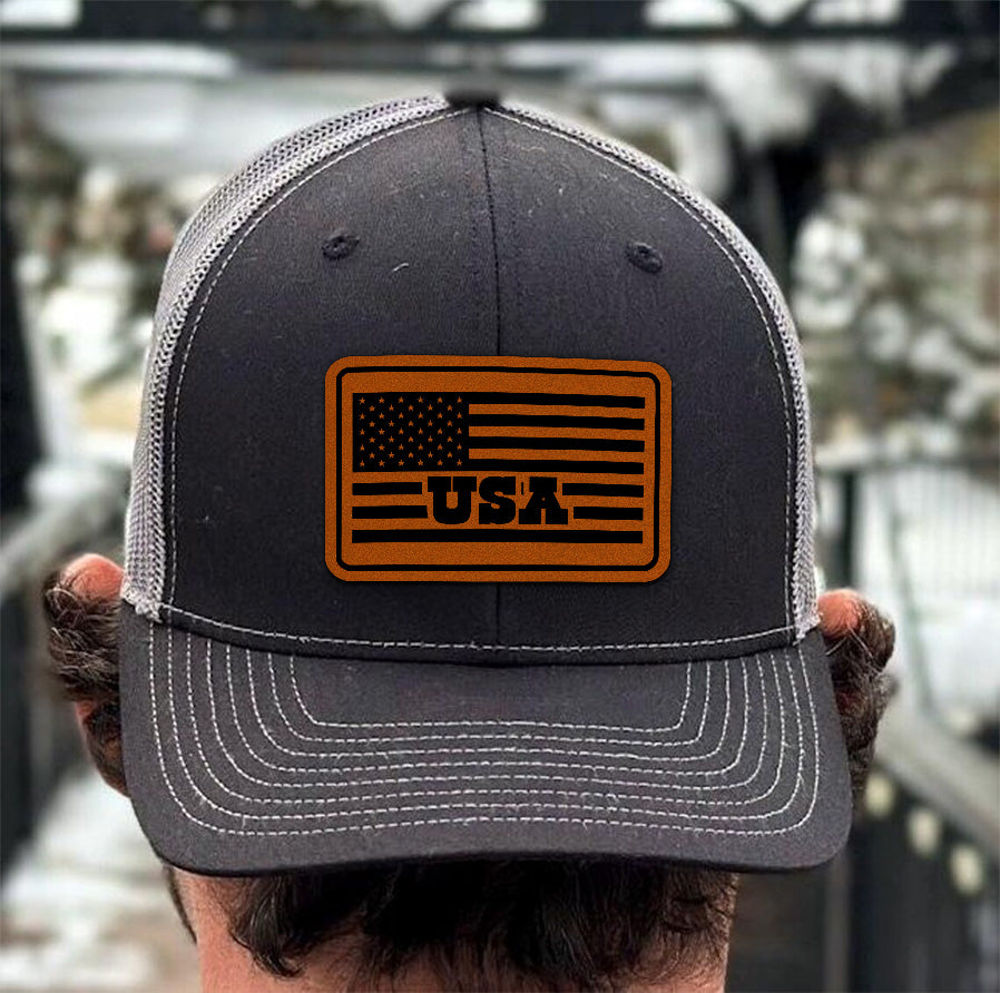 USA American Flag Leather Patch Hat – Patriotic Trucker Hat for Men – 4th of July Cap – Rustic USA Snapback – Independence Day Gifts NGOC99NT05