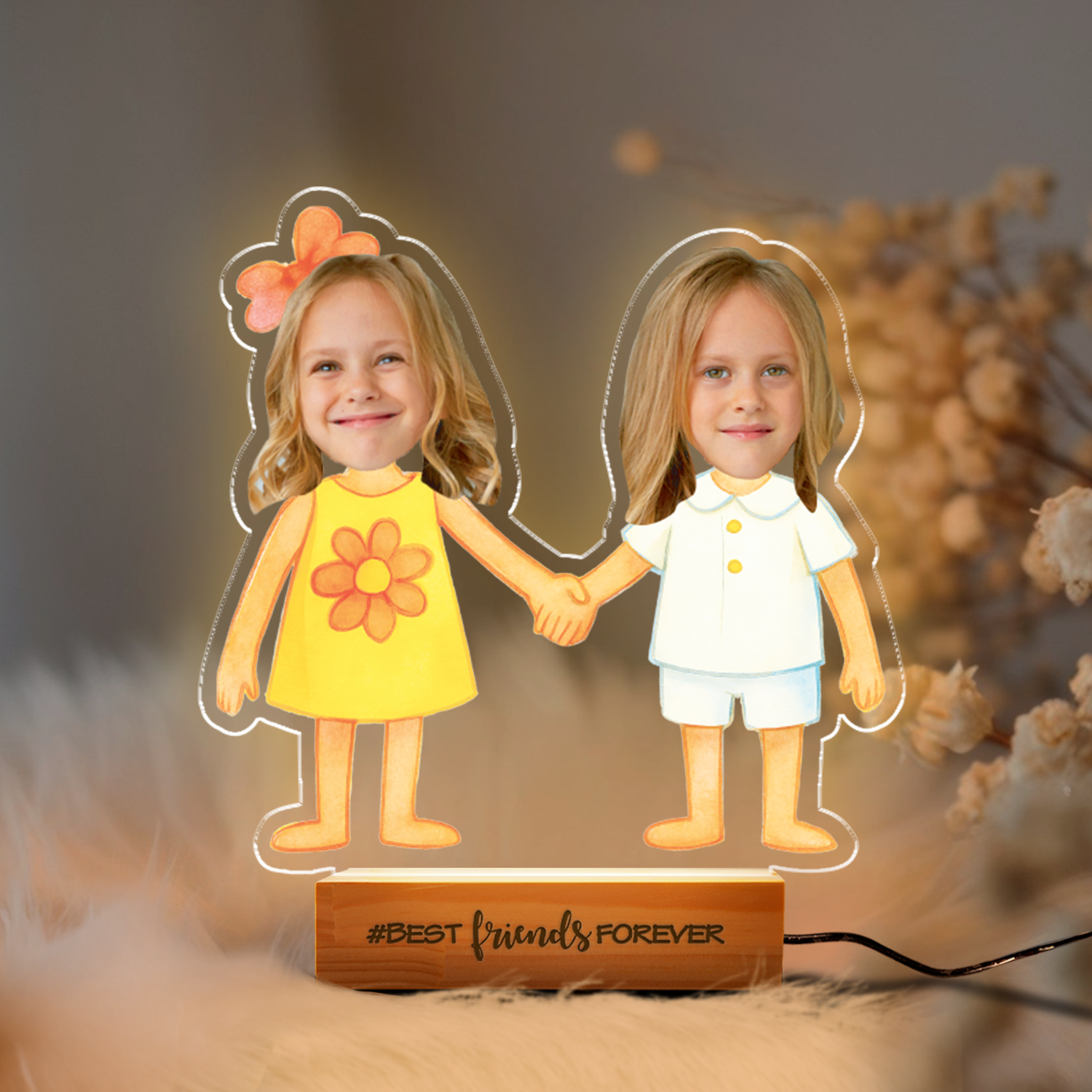Aeluxlas Personalized Kid Photos Best Friends Forever LED Night Light with Wooden Base Home Decor Friendship Birthday Gift for Boys Girls