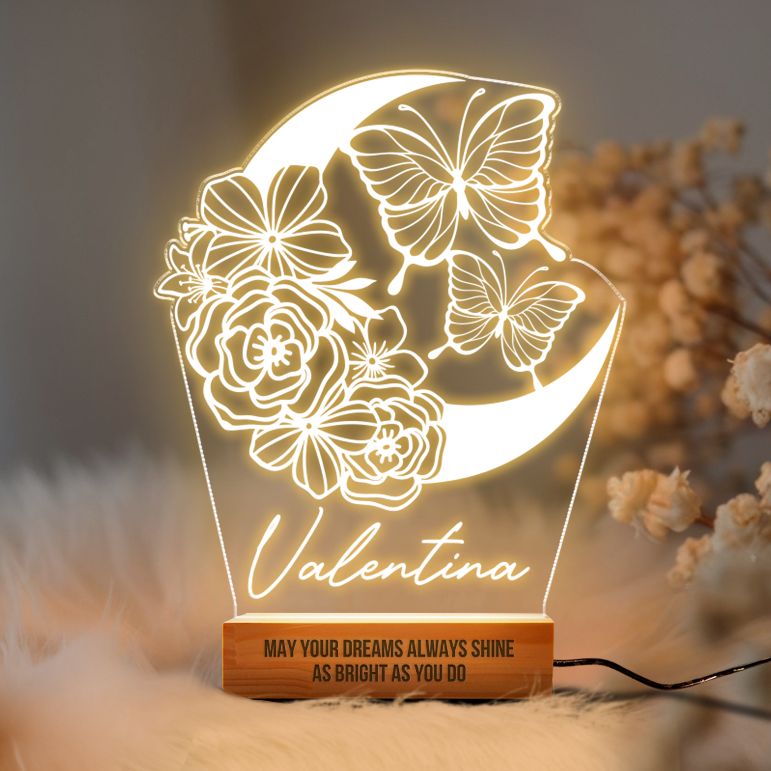 Aeluxlas Personalized Butterflies And Moon Flower Led Night Light, Kid Room Decor, Gift For Kid