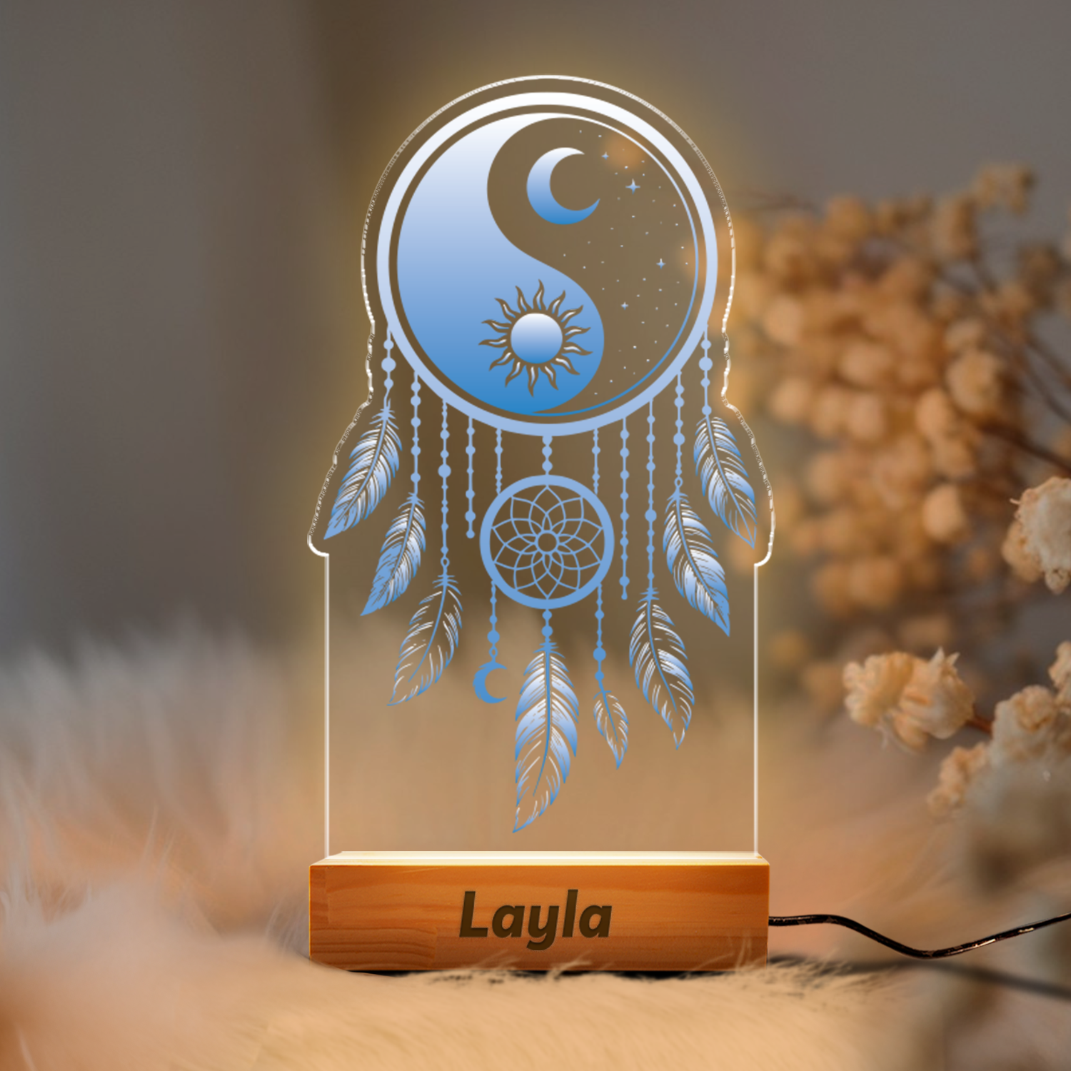 Aeluxlas Dreamcatcher Night Light Custom Made For Bedroom, Chakra Room Decor With Dream Catcher, Personalized Bedside Led Lamp, Best Wishes Gift