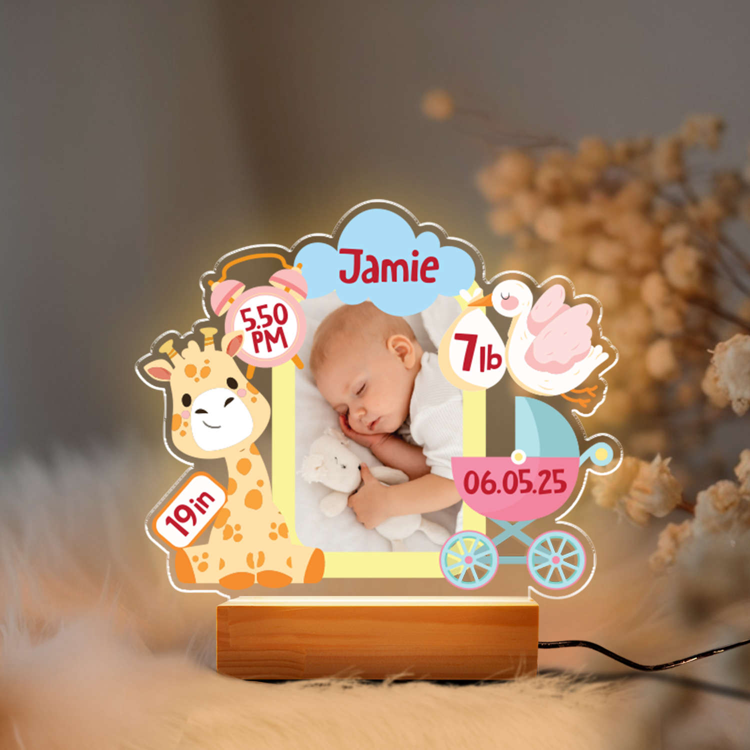 Aeluxlas Customized Photo Baby Frame Night Light, Custom Night Light with Base, Gift For Kids, Nursery Decor