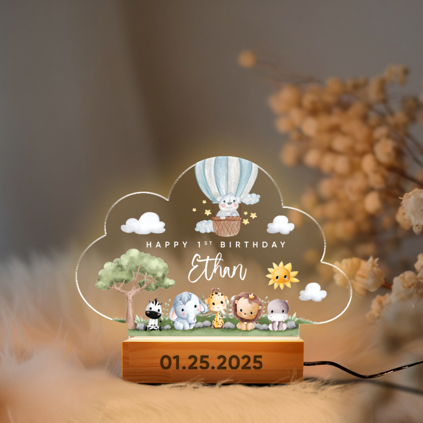 Aeluxlas Happy Birthday Animals Cloud, Birthday Gift For Kids, Baby Name Gift, Nursery Decor