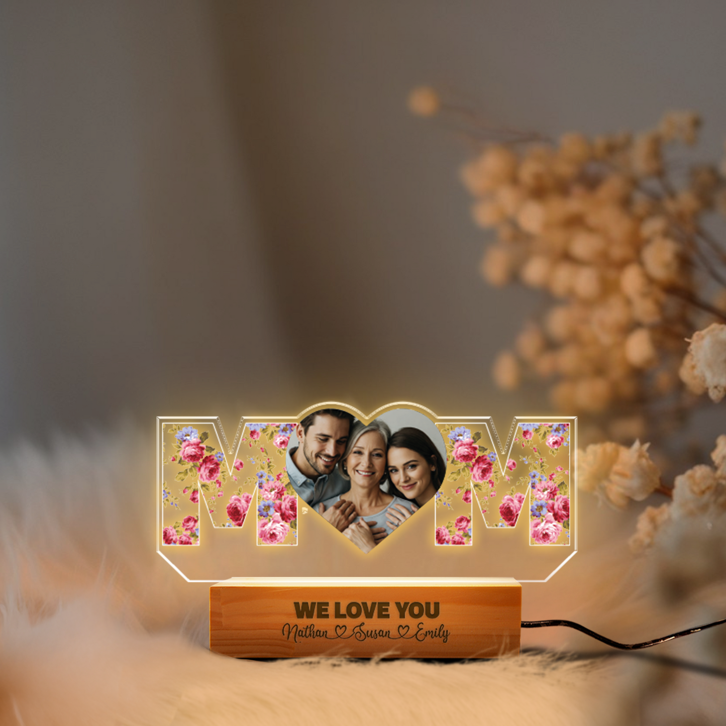 Aeluxlas Custom Mom Night Light with Kids Name, Personalized Photo Night Light, Personalized Gifts for Mom, Mothers Day Gifts, Name Floral Light