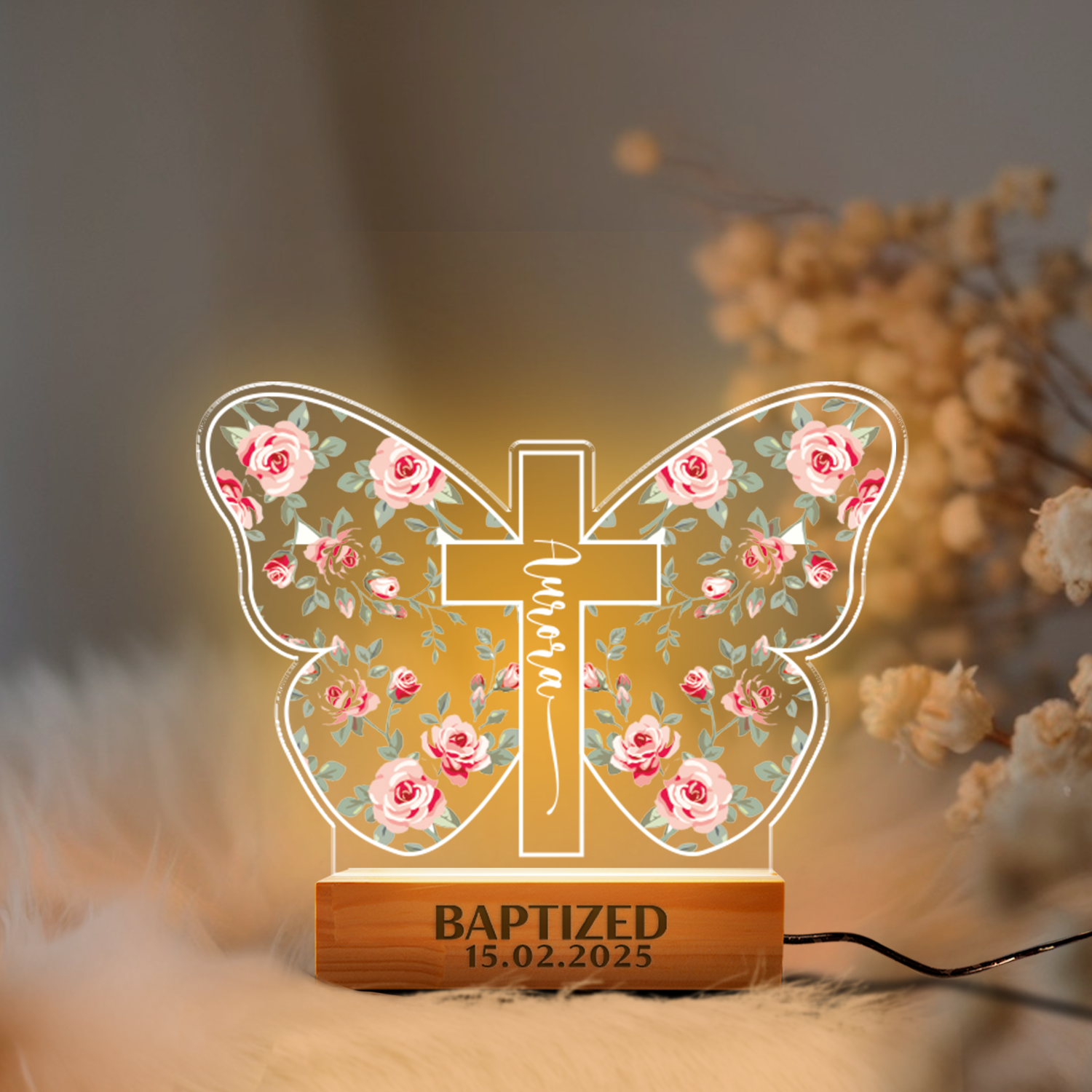 Aeluxlas Personalized Baptism Butterfly Cross Night Light , Baptism Gift For Kids, Custom Cross Night Light Gift For Goddaughter, Godson, Christian Nursery Decor Gift