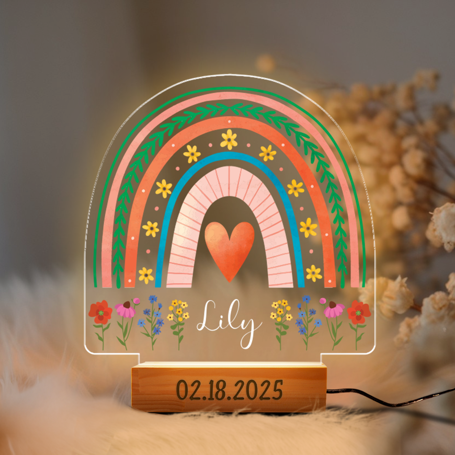 Aeluxlas Personalized Rainbow Floral Night Light for Kids,Baby Girl Boy Gift,Acrylic LED Lamp Birthday Gift, Christening Gift,Plaque Nursery Decor