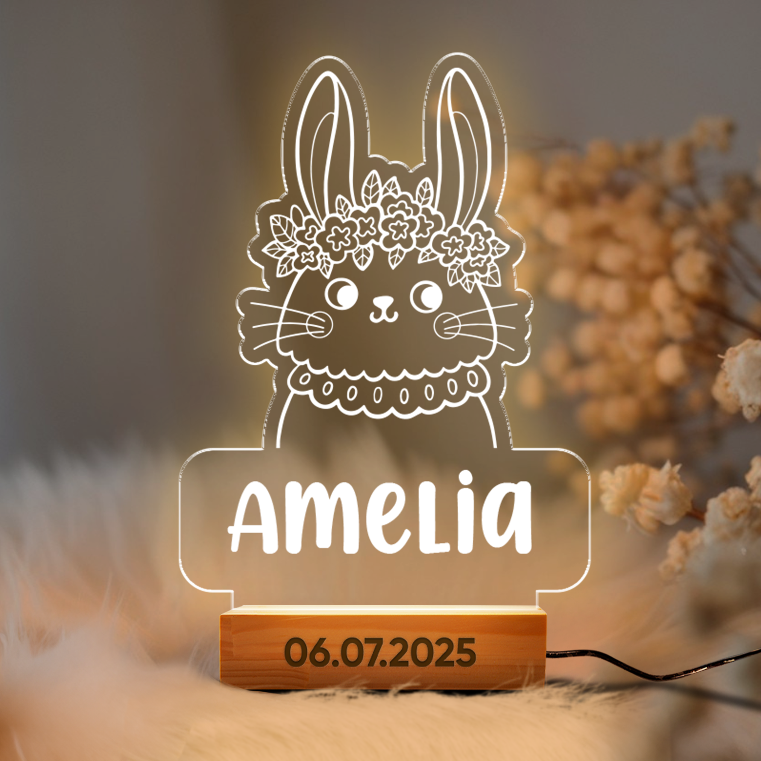 Aeluxlas Personalized Bunny Night Light for Kids, Bunny LED Nursery Lamp with Flowers, Personalized Acrylic Light, Animal Decor, Baby Shower Gift for Girls