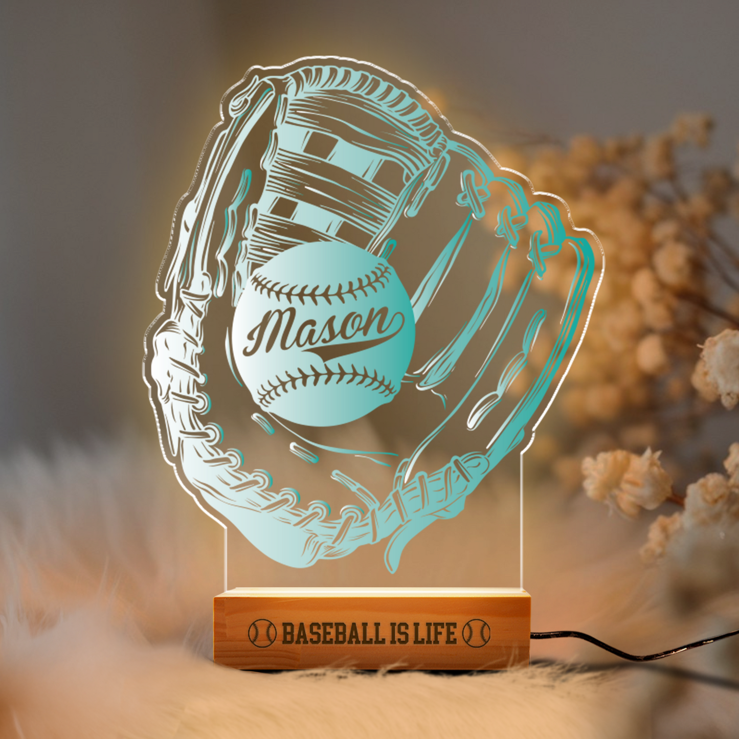 Aeluxlas Baseball Glove LED Night Light, Kid's Glove & Ball Decor Lamp Birthday Gift, Coach Name Sign