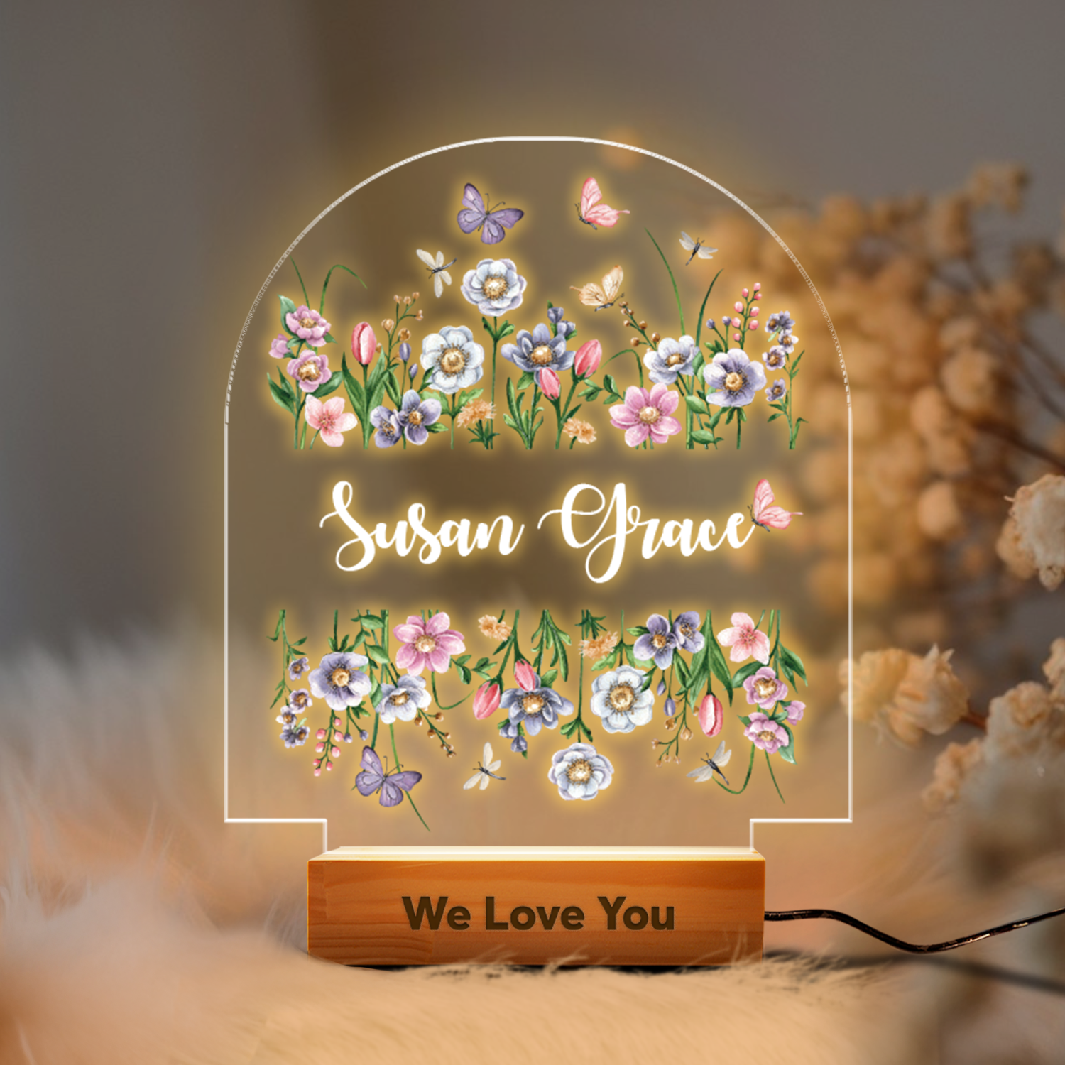 Aeluxlas Personalized Butterfly and Flower Baby Night Light – Custom Name Bedside Lamp for Girls, Floral Garden Nursery Décor, Birthday Gift for Her