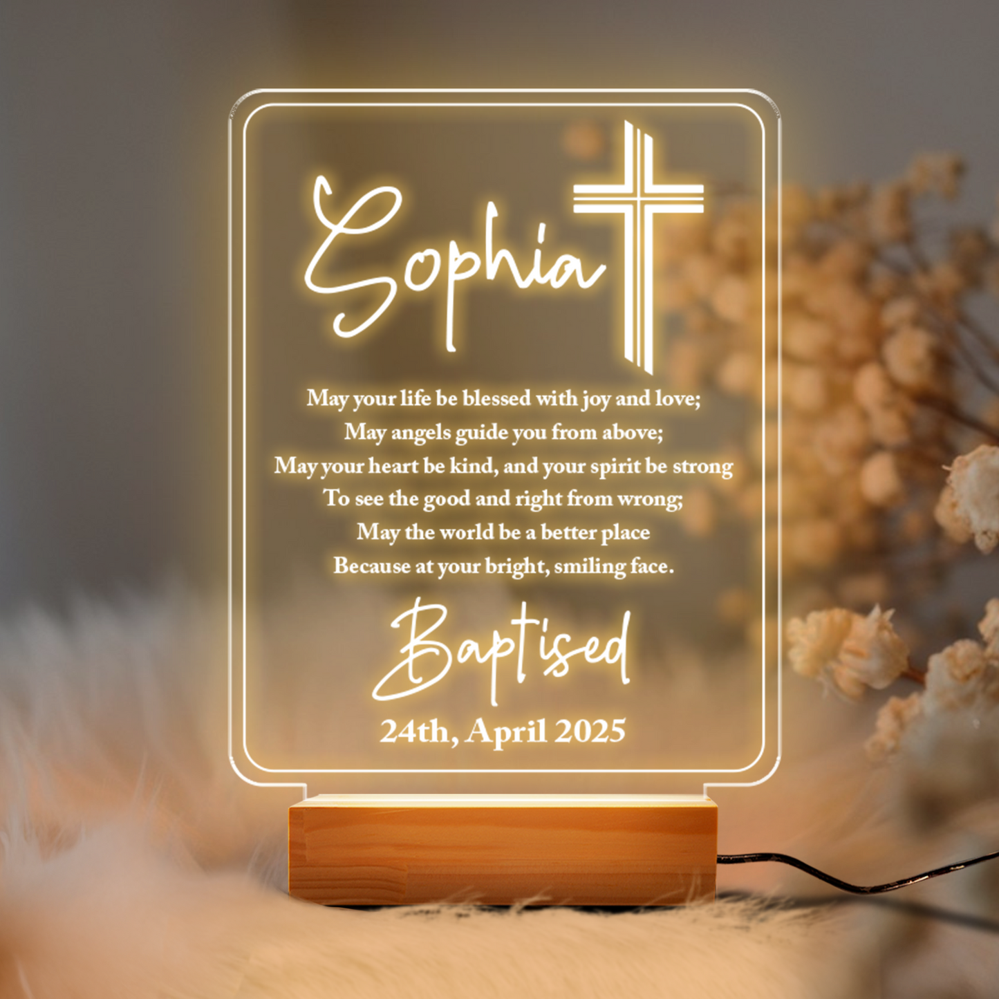Aeluxlas Personalized Baptism Gift For Baby - Custom Christening Night Light for goddaughter _ Godson - Nursery Décor - Bible Verse Life Be Blessed