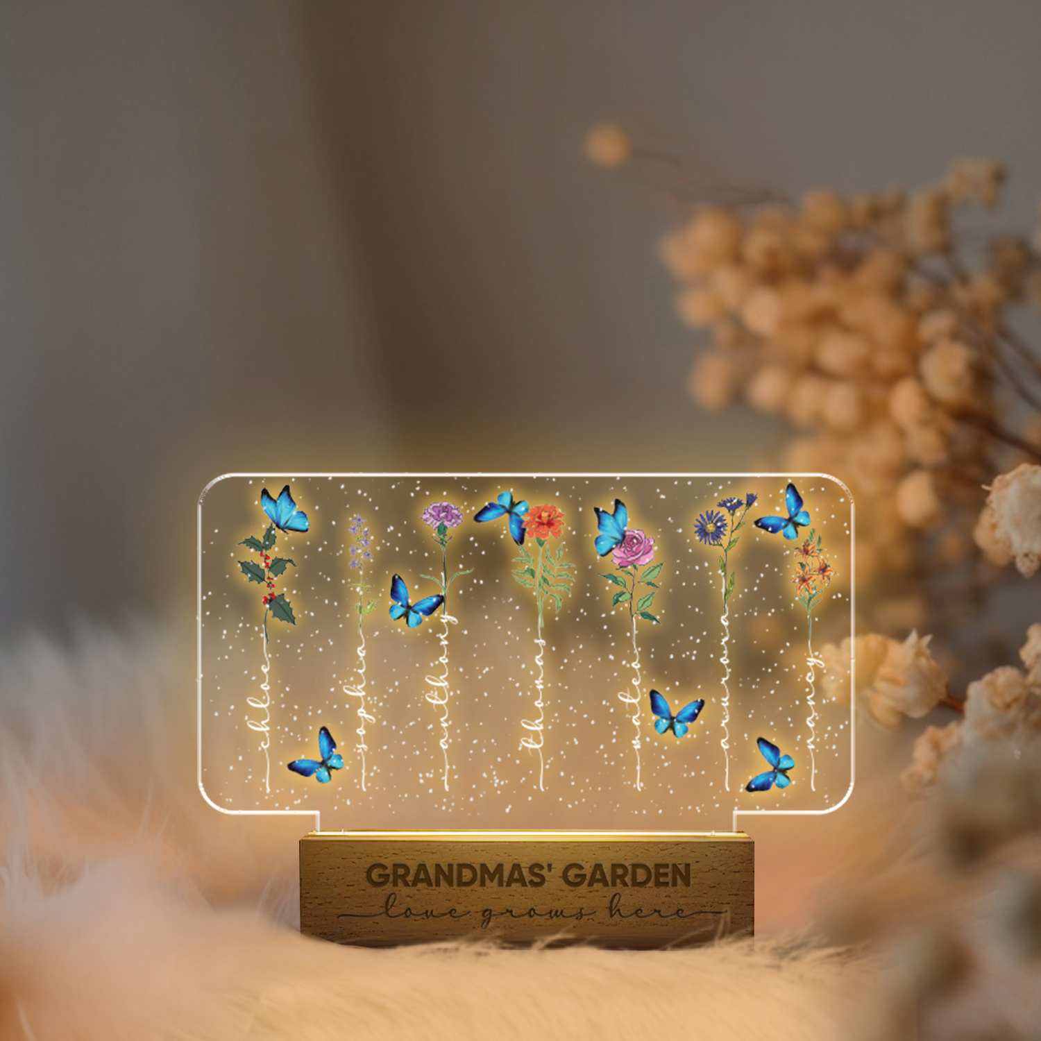 Aeluxlas Grandma‘s Garden Birth Month Flowers Personalized Acrylic LED Night Light, Mothers Day Gift For Grandma, Mom, Custom Flowers