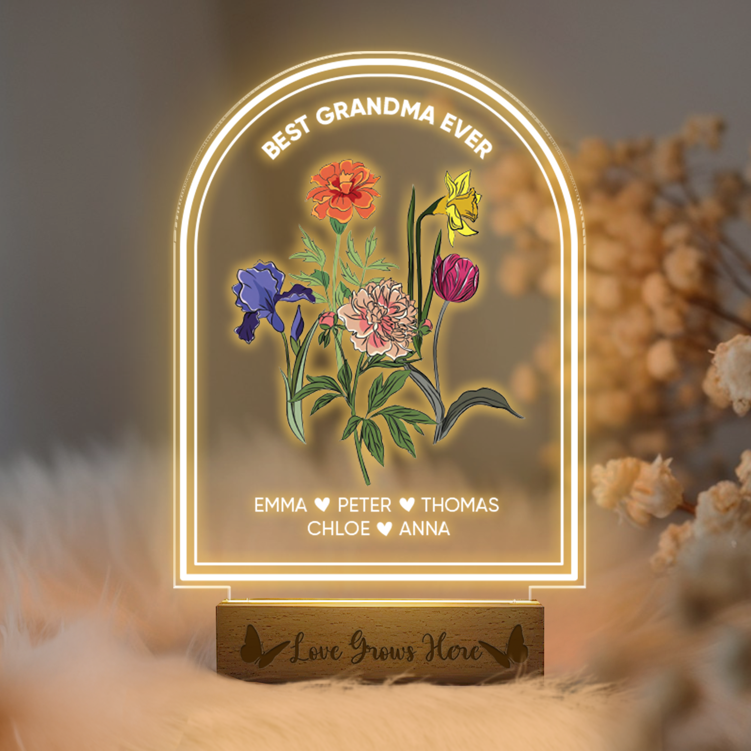 Aeluxlas Personalized Grandma's Garden Gift For Grandma, Grandma Gift, Mother's Day Gift For Grandma, Nana Birth Month Flower Night Light