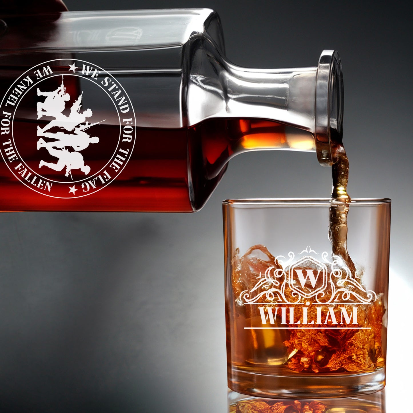 Custom Name We Stand For The Flag We Kneel For The Fallen Whiskey Glass and Decanter Set| Personalized Gifts for Veteran | Patriotic Gift