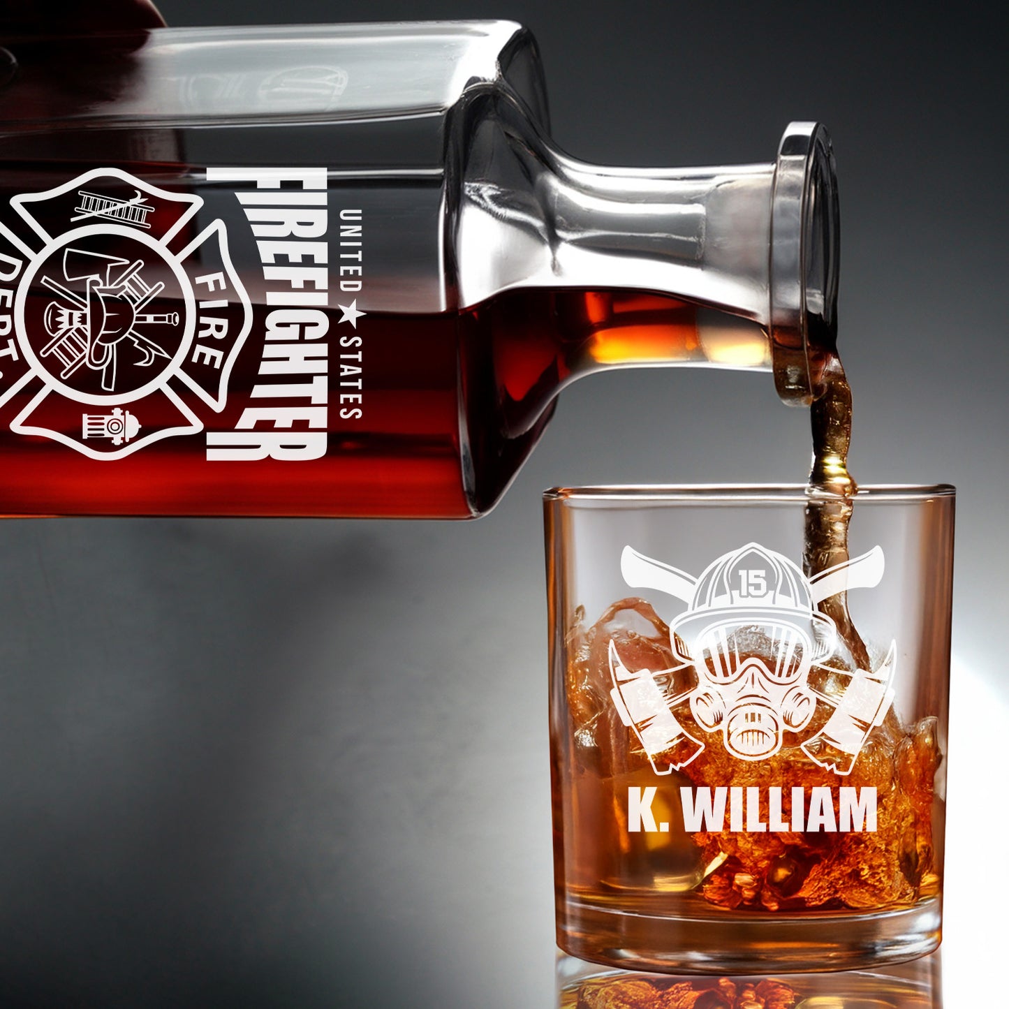 Custom Firefighter Whiskey Glass and Decanter Set| Personalized Gifts for Firefighter | Fireman Gift