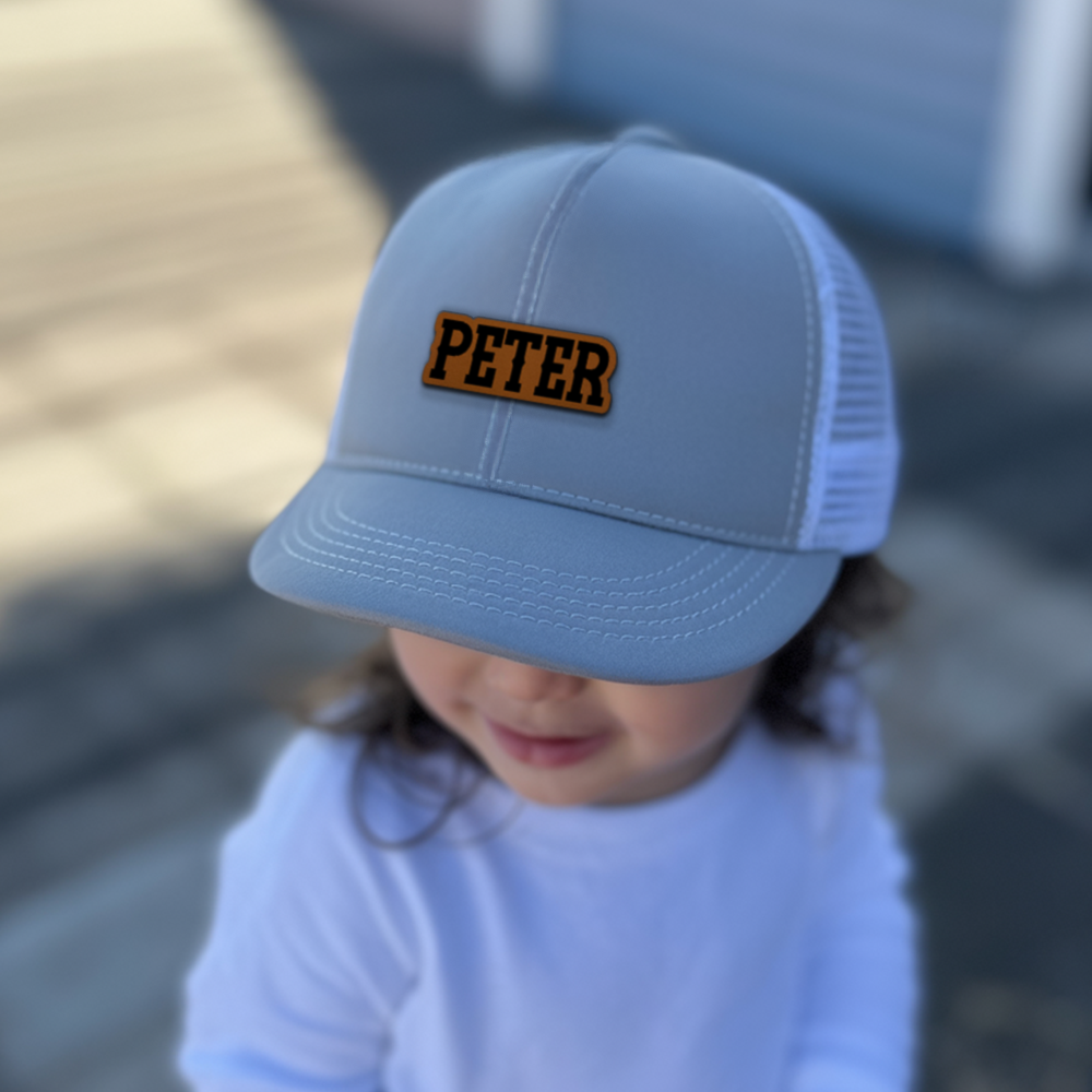 Personalized Leather Patch Trucker Hat for Kids, Kids Custom Hats, Custom Infant Toddler Kids Youth Trucker Hat TNNK05
