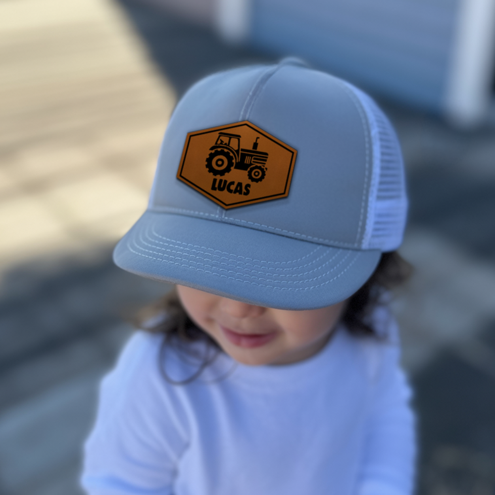 Personalized Tractor Leather Patch Trucker Kids Hat, Custom Infant Toddler Kids Youth Trucker Hat TNNK010