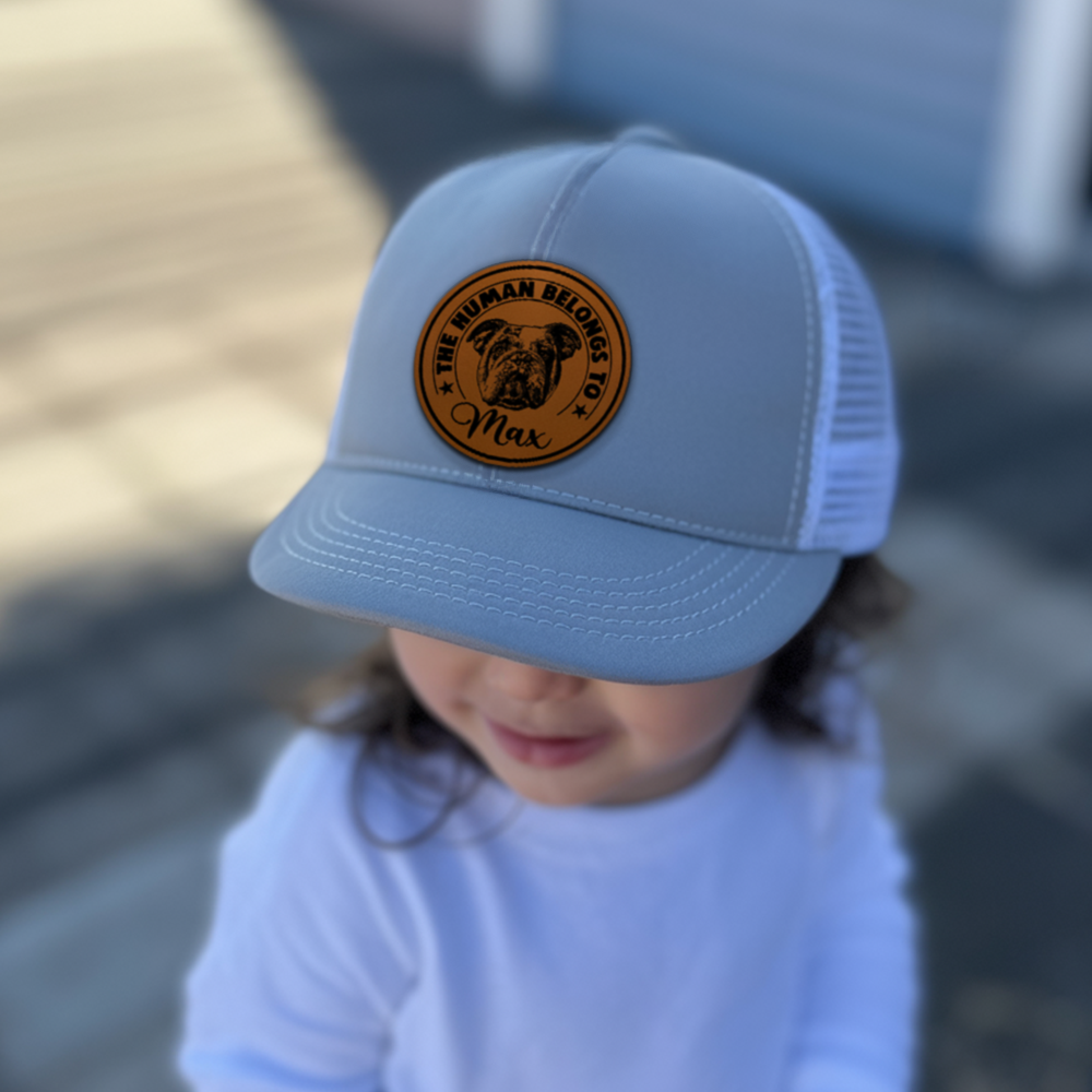 Custom Dog Photo Engraved Kids Hat Leather Patch, Kids Custom Hats, Custom Infant Toddler Kids Youth Trucker Hat TNNK01