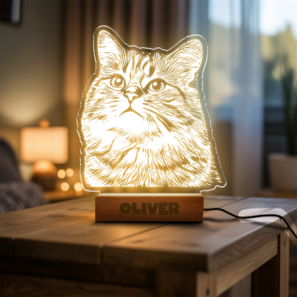 Custom Cat Portrait Night Light, Personalized Pet Lovers Gifts, Personalized Pet Memorial LED Night Light